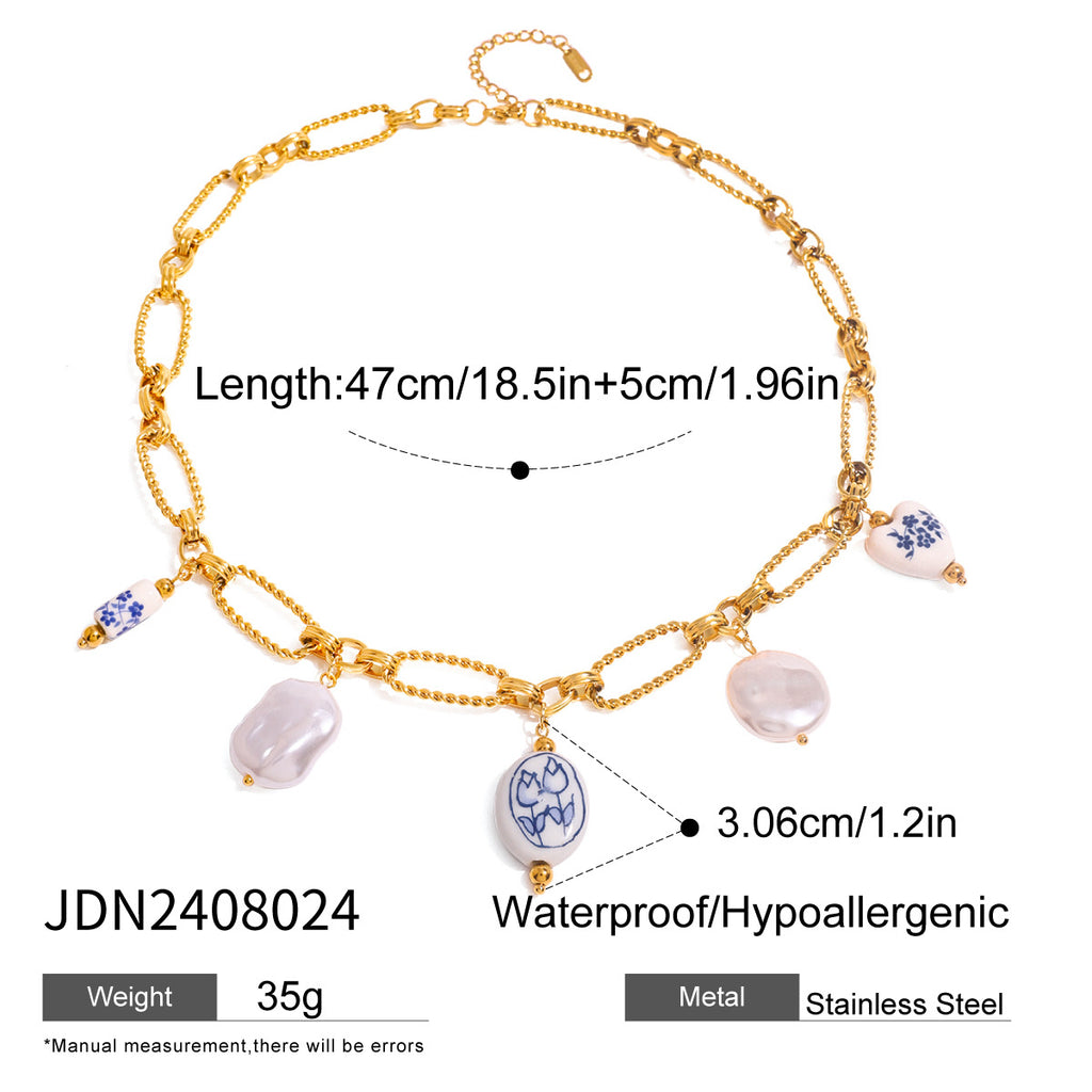 2H Stainless Steel Pearl Heart Ceramic Pendant Necklace Design Sense Collarbone Chain Jewelry