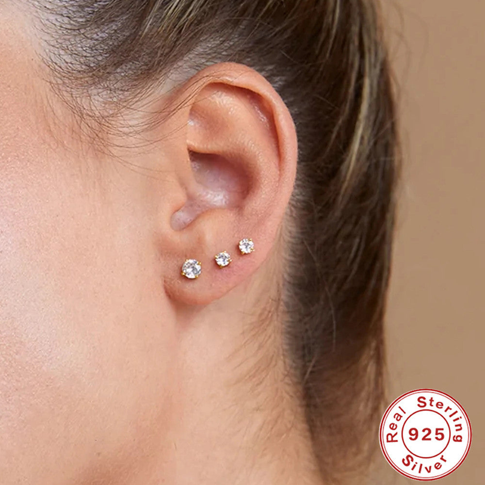 S925Sterling Silver Four-Prong Diamond-Studded Flat Head Threaded Piercing Cartilage Earrings Hot-Selling Classic Minimalist Ear Jewelry