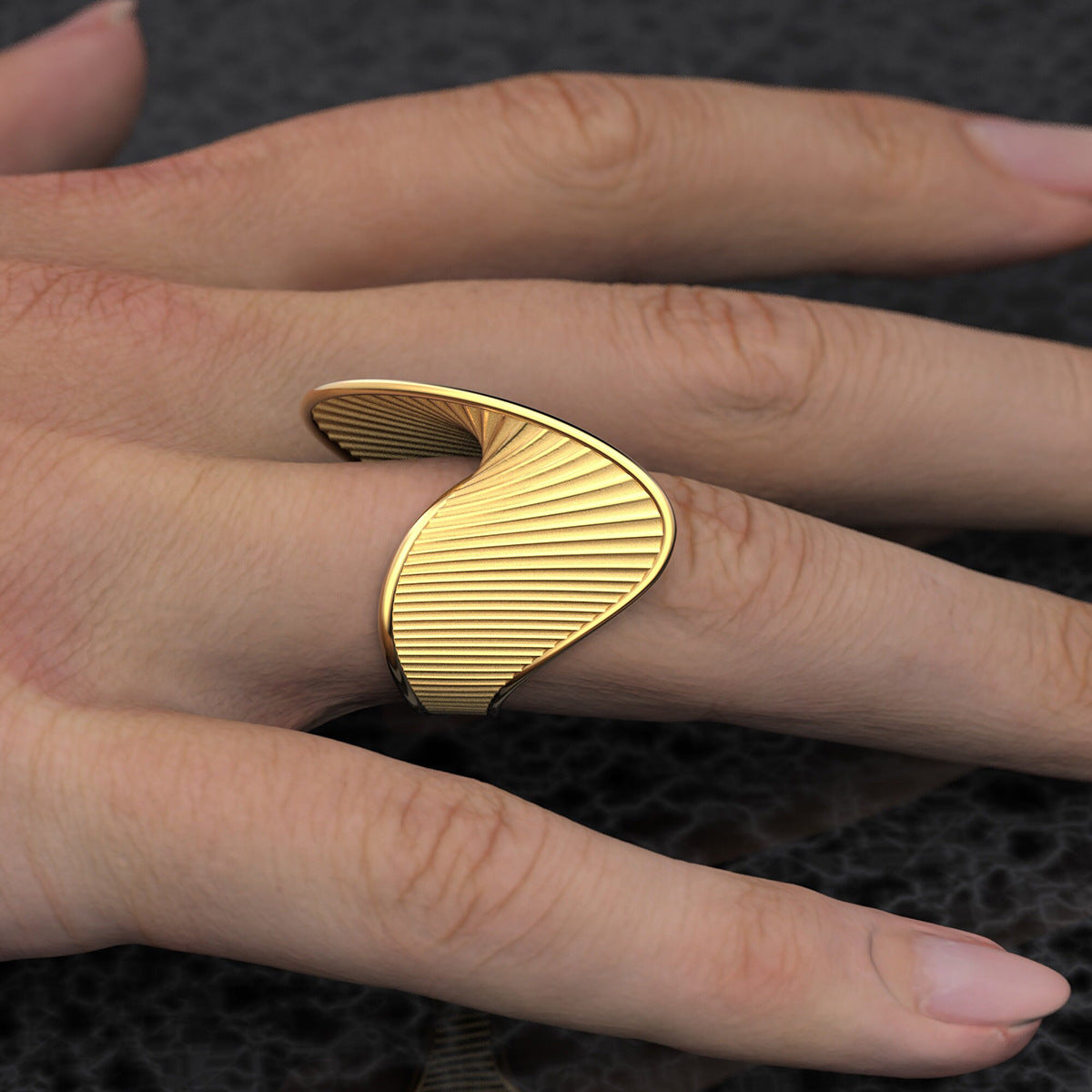 New18K Gold Stainless Steel Stripe Twist Ring Unique Design Sense Asymmetric Ring