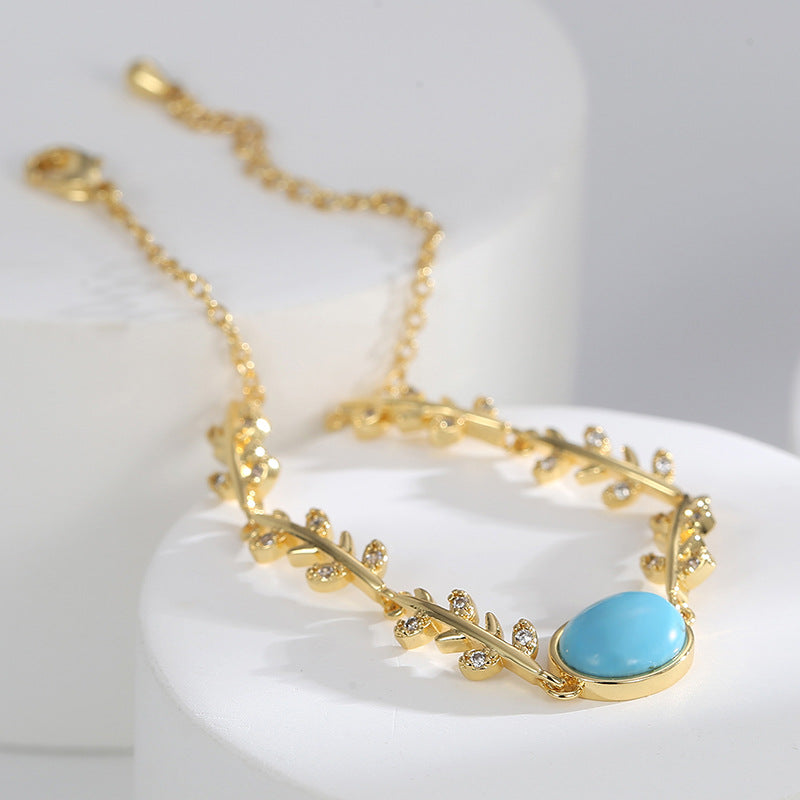 B0162  Korean Version of Mori Style Small Country Style casual and fashionable Oval Turquoise Bracelet for Women gold Branch Zircon