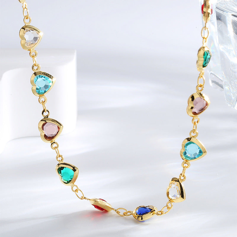 N0255 Design Colorful Heart-Shaped Zircon Necklace for Women Summer Collarbone Chain
