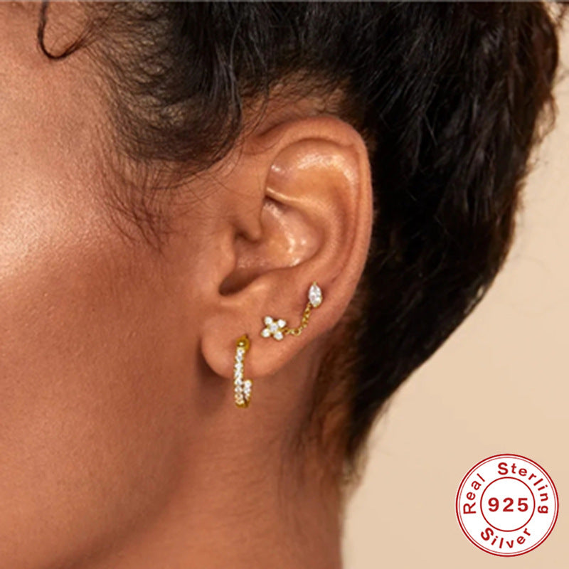 S925Sterling Silver Diamond-Encrusted Devil's Eye Flat Head Threaded Piercing Cartilage Earrings Snake Smiley Face Ear Bone Studs for Women