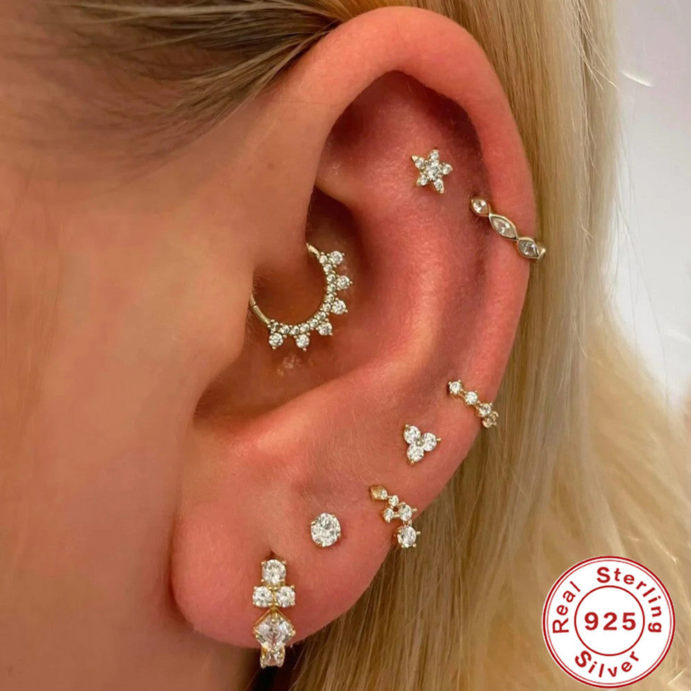 S925Sterling Silver Cartilage Piercing Diamond-Studded Hoop Earrings Ear Cuffs Ear Studs shien Hot-selling Punk Style Ear Cuff