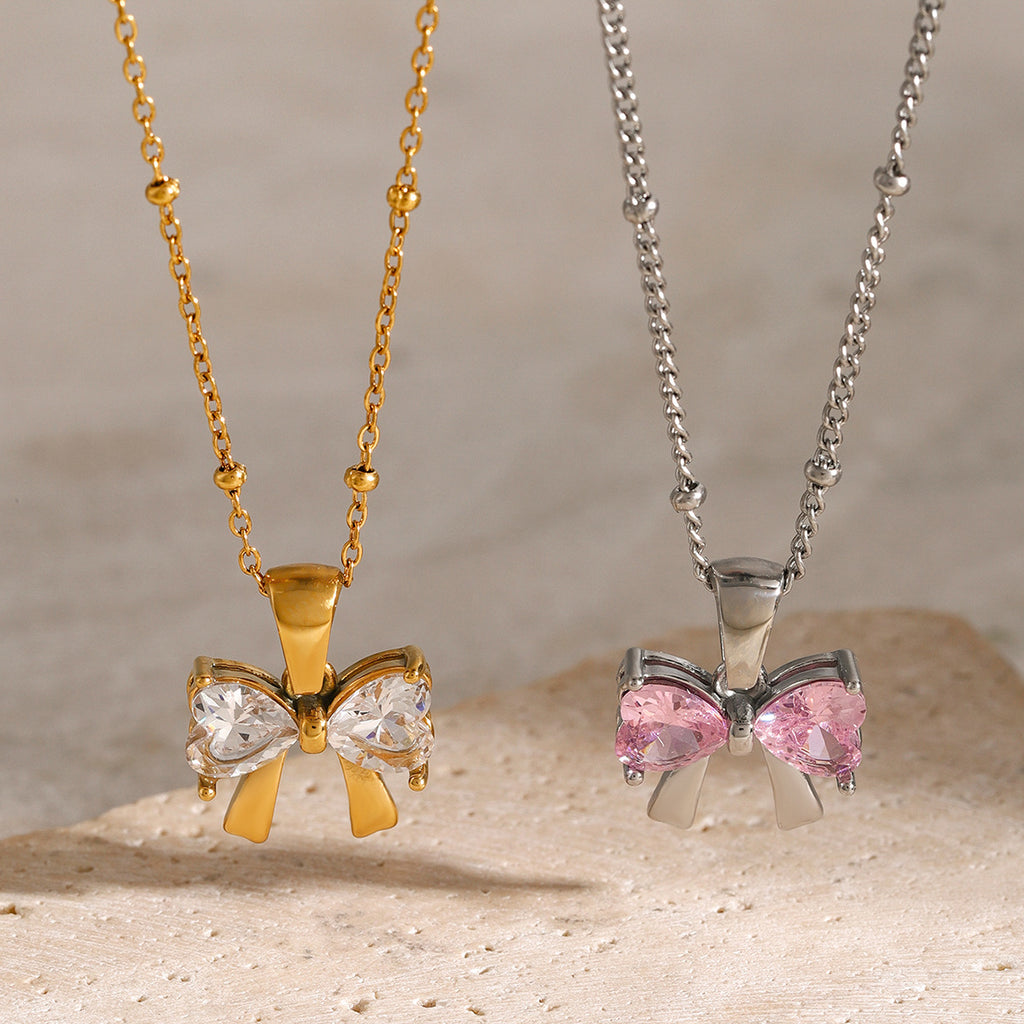 2H Original Style 18k Gold Stainless Steel/Bow White Zircon Pendant Necklace 40+5cm