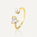 R0670 Fashion Design Sense Ring for Women, Gold-Plated, Inlaid with Heart-Shaped Zircon and Shell Beads, Open Ring