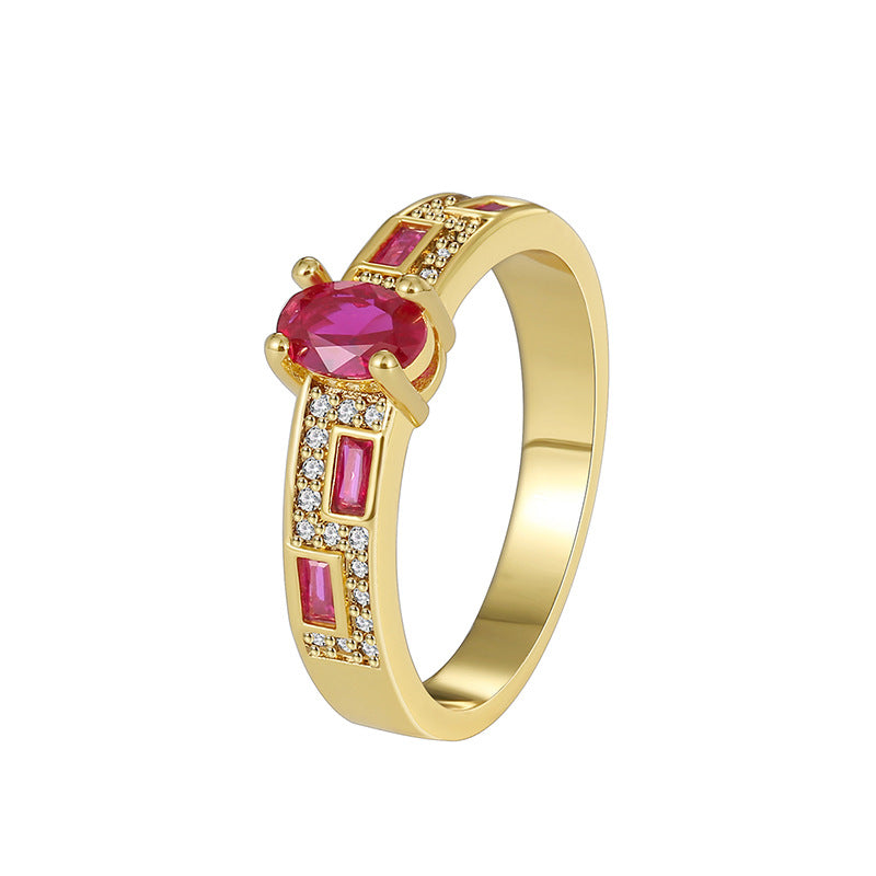 R0386 Fashionable Red Zircon Ring for Women Copper Plated with Real Gold Micro Inlaid White Zircon