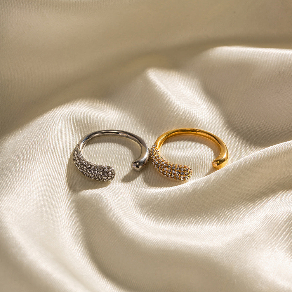 French Style Women's Versatile New Ring18K Gold-plated Stainless Steel Inlaid White Diamond Open Ring