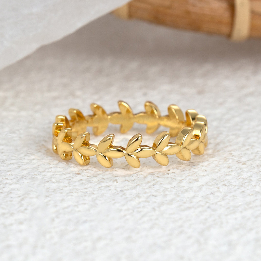 R0257 Vintage Plain Leaf Ring for Women, Stackable gold Smooth Olive Leaf Jewelry