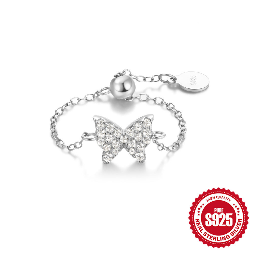 New925Sterling Silver Heart Butterfly Inlaid Diamond Ring for Women Hot Sale Trendy Adjustable Open Chain Ring