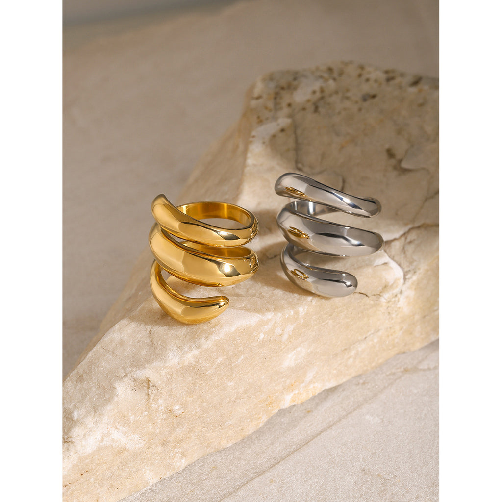 2H 18K Gold Stainless Steel Smooth Spring-Shaped Three-Layer Ring Fashionable Design Ring