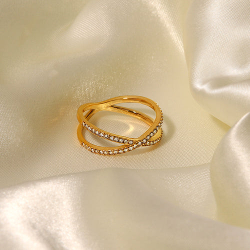 Cross Cubic Zirconia Stainless Steel Gold-Plated Ring — front view