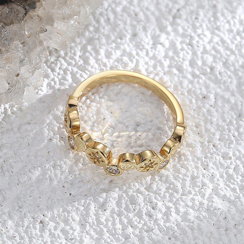 R0587 Unique Irregular Design Ring for Women, Copper Plated with Real Gold, Micro Pave Zircon, Minimalist