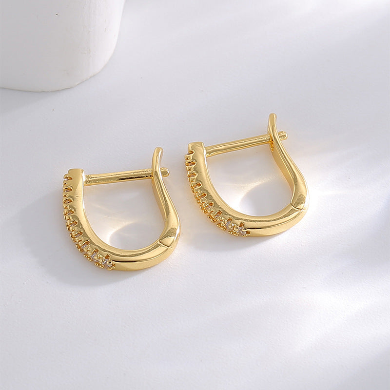 E0522 Fashionable Design Earrings for Women, Brass Gold-Plated Single Row with Zirconia U Shape Ear Clip