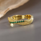 R0429 Design Sense Green Zircon Irregular Shape Ring for Women Brass Gold-Plated Ring