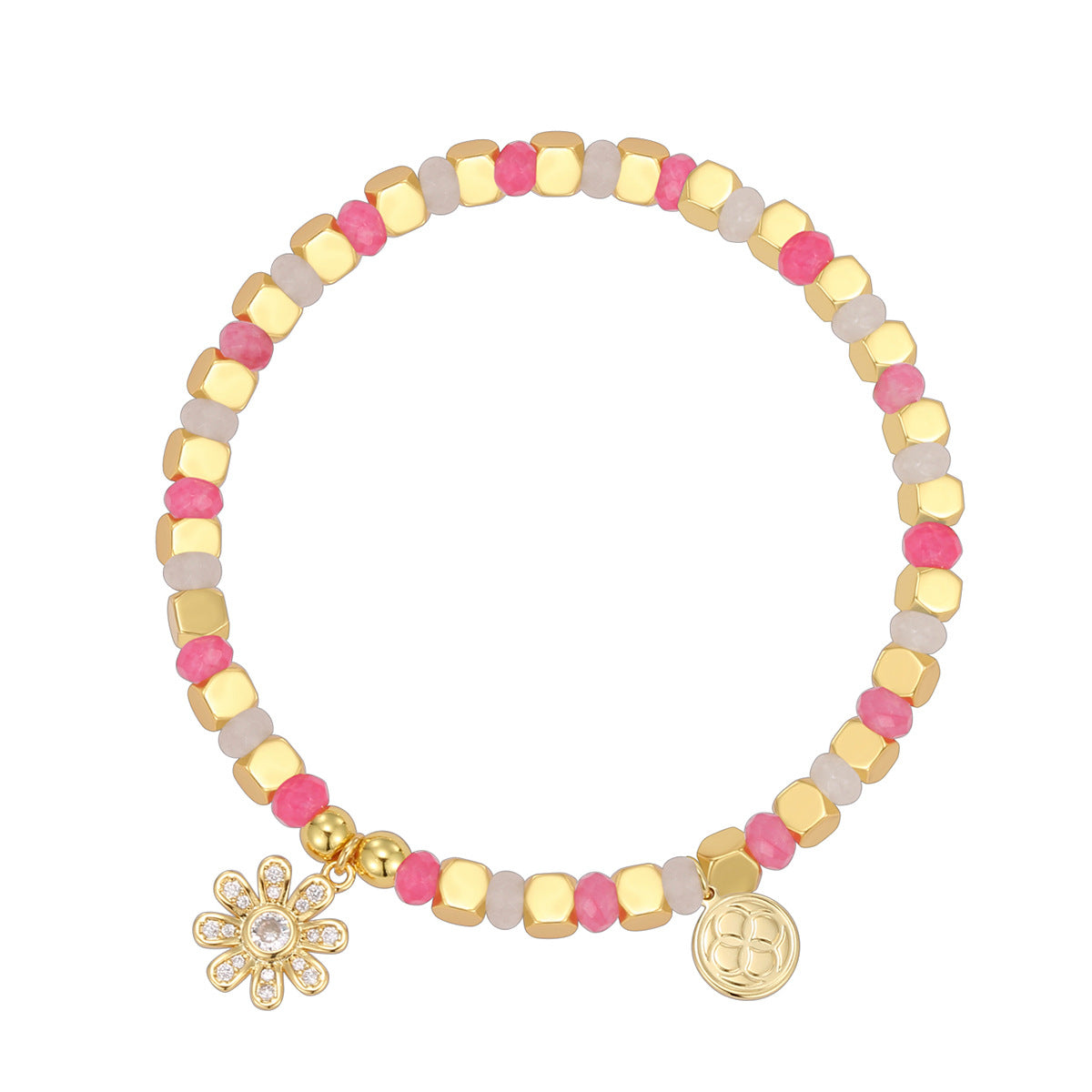 B0284 Vintage Bohemian Daisy Zircon Beaded Chalcedony Fashion Bracelet