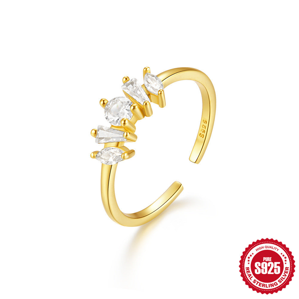 New Product S925Sterling Silver Ring Japanese and Korean Design Sense Geometric Zircon Ring Fashion Open Index Finger Ring