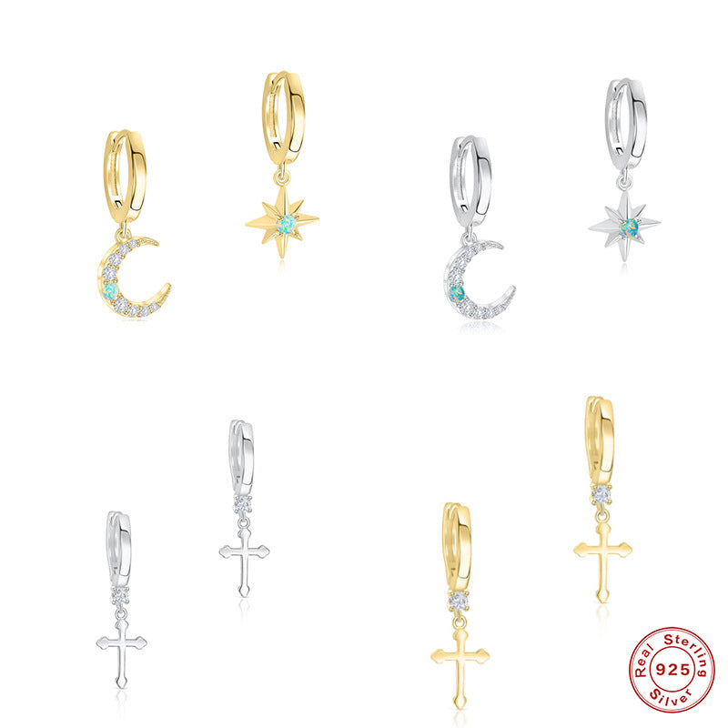 S925Sterling Silver Star Moon Inlaid Diamond Opal Hoop Earrings Cross Ear Clips Earrings Hot Sale Trendy Women's Ear Jewelry