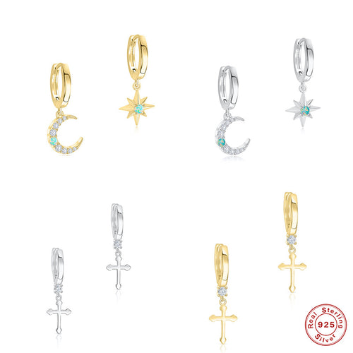 Cross Moon Star 925 Sterling Silver Earrings — front view