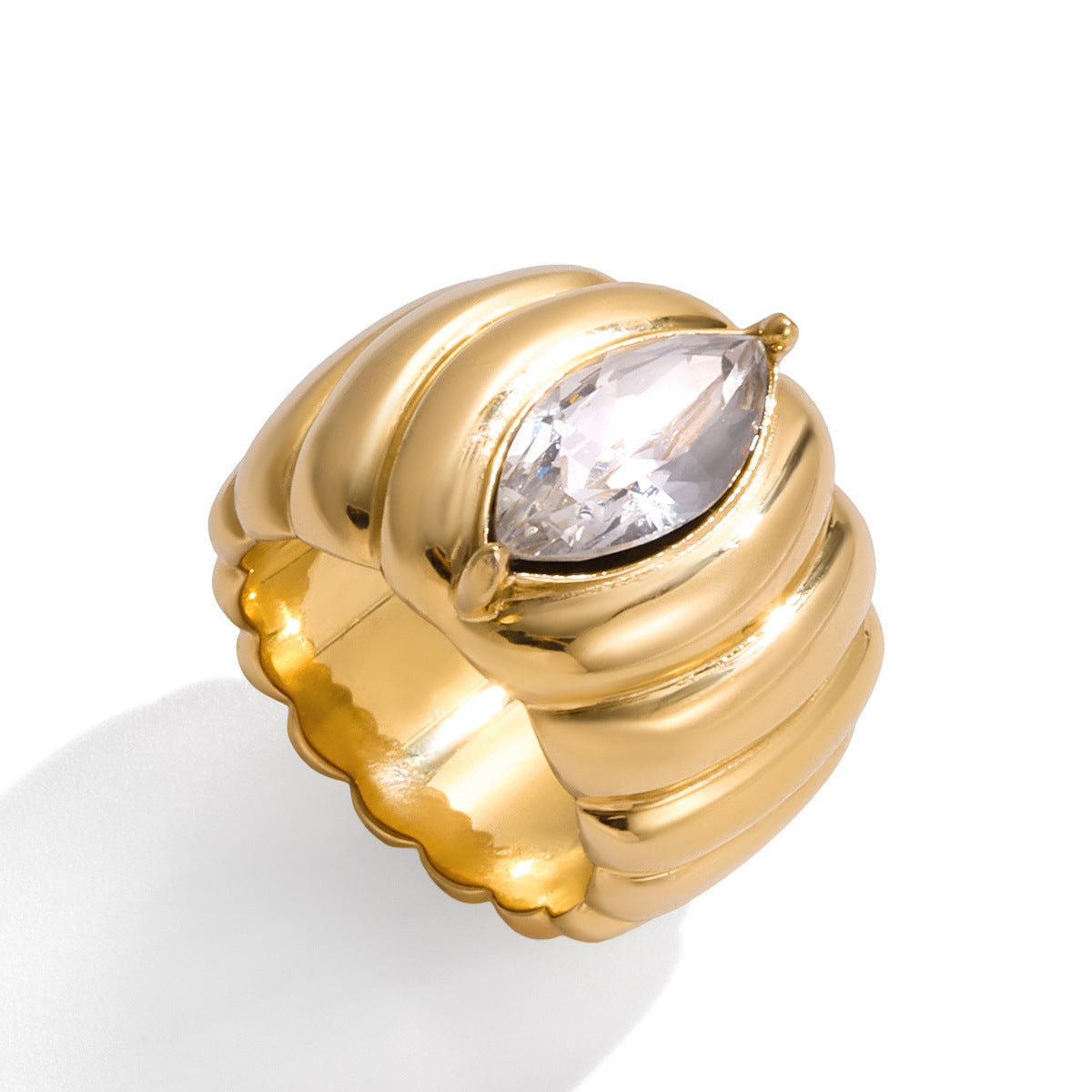 Rhinestone Ribbed Ring Non-Fading Jewelry Stainless Steel