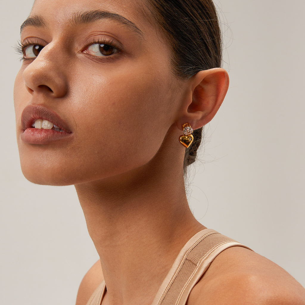 Minimalist Geometric Series 18K Gold Stainless Steel Smooth Zircon Heart Pendant Earrings Jewelry