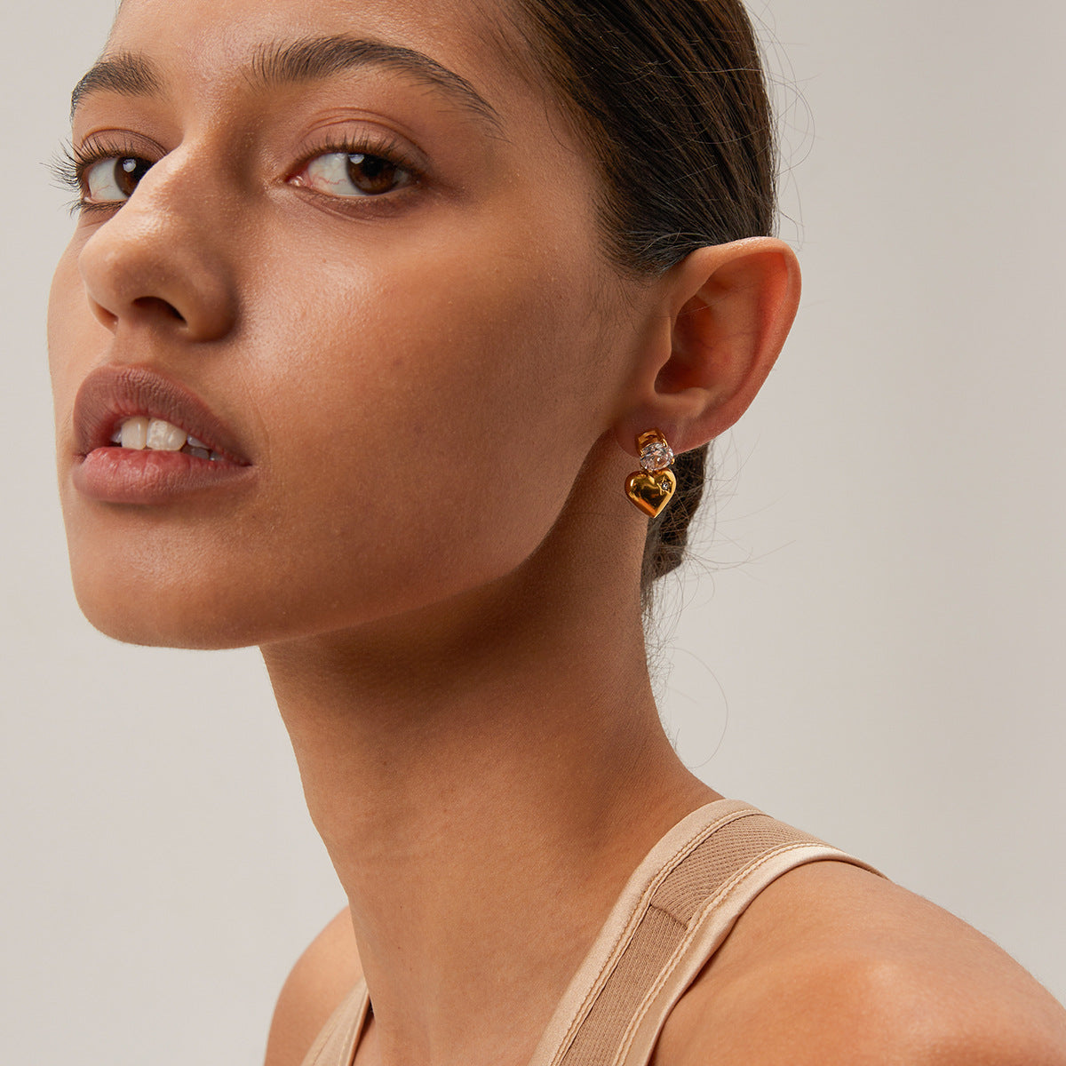 Minimalist Geometric Series 18K Gold Stainless Steel Smooth Zircon Heart Pendant Earrings Jewelry