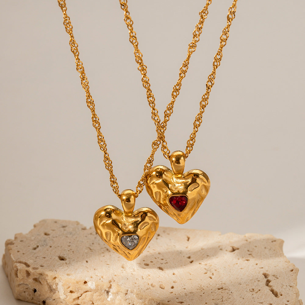 New Necklace18k Gold Stainless Steel Heart Hammered Zirconia Pendant Necklace Women's Jewelry