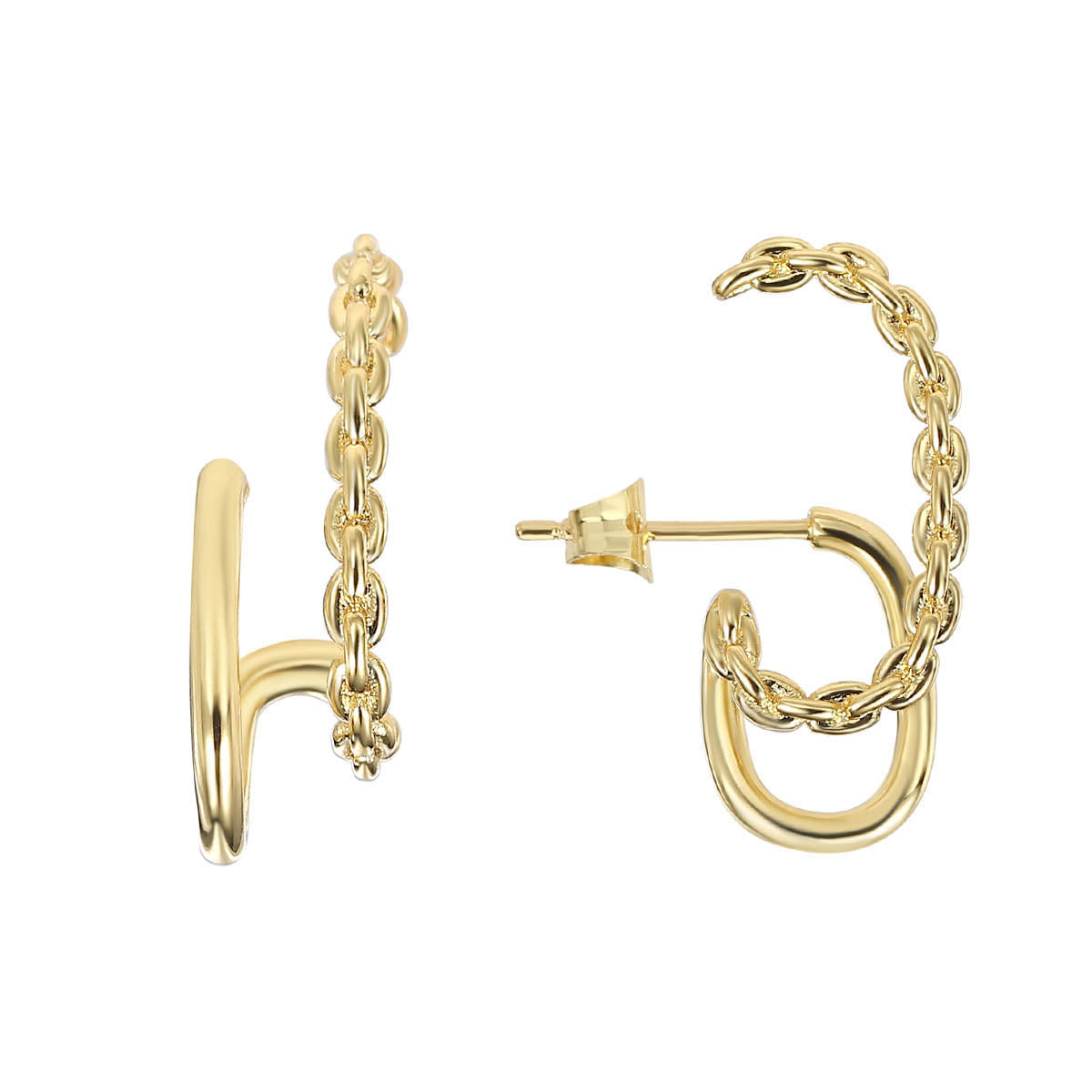 E0344Chain Splicing Hoop Earrings Design Retro Hong Kong Style Twisted Double Layer Earrings Electroplated Real Gold