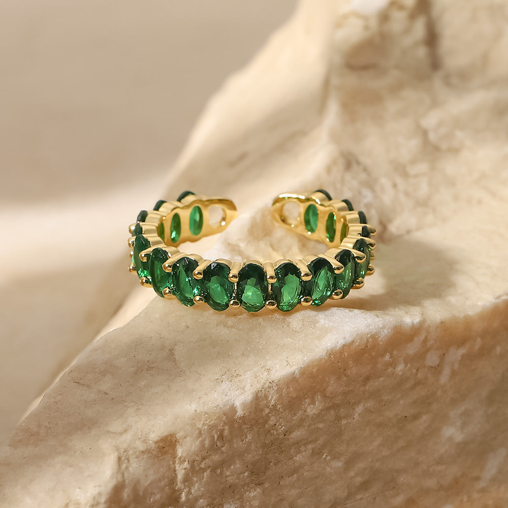 18K Gold Stainless Steel Inlaid Green Zircon Women's Fashion Versatile Ring