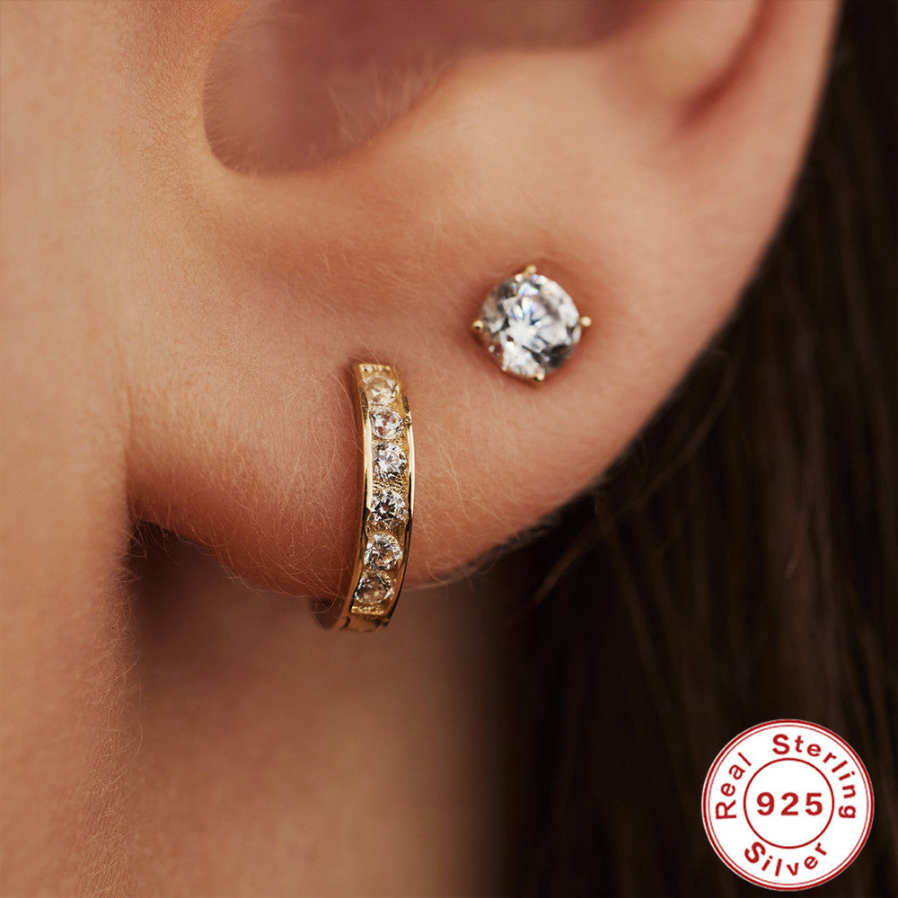 S925Sterling Silver Cluster Diamond Geometric Hoop Earrings Hot-Selling Trendy Ear Jewelry