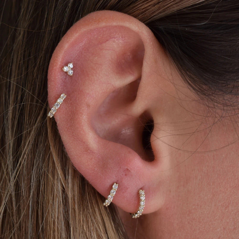 S925Sterling Silver Geometric Triangle Inlaid Diamond Colorful Piercing Threaded Earrings Hot-Selling Mini Ear Bone Stud Earrings for Women