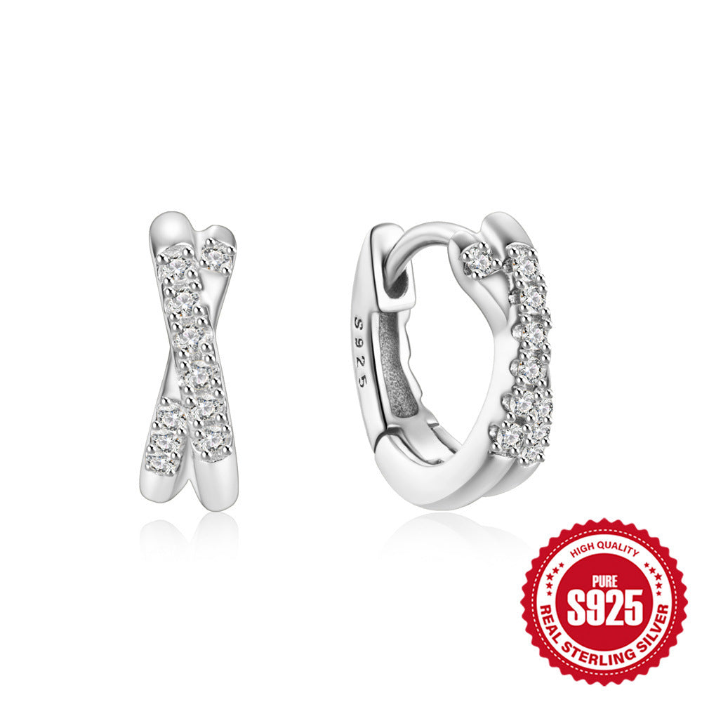 New925Sterling Silver Double Layer Cross Inlaid Diamond Hoop Earrings Ear Clips Ear Jewelry Hot Sale Minimalist Style Earrings
