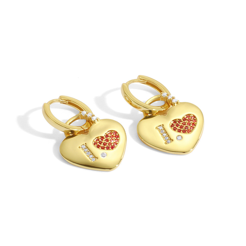 Gold-Plated Copper Lock Earrings Creative Heart-Shaped Earrings for Women with Zircon Inlay Peach Heart Earrings Style