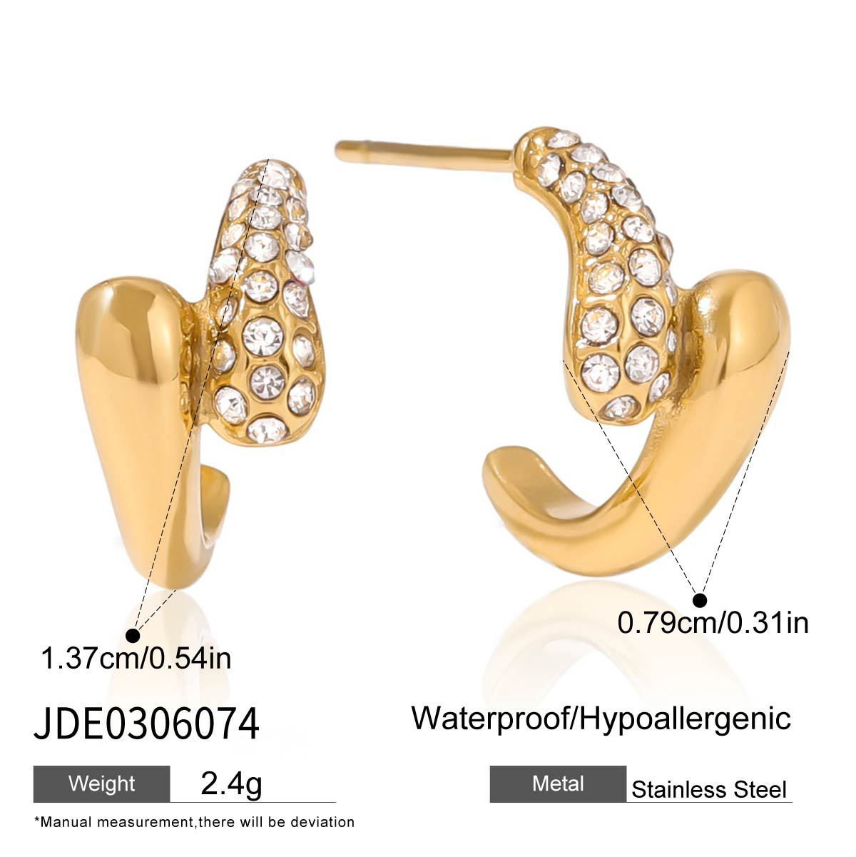 Zircon C Hoop Earrings Stud Stainless Steel Jewelry for Women Non-Fading