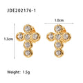 Gold-Tone Stainless Steel Stud Earrings with Cross Pearl Detail styled for independent jewelry boutiques