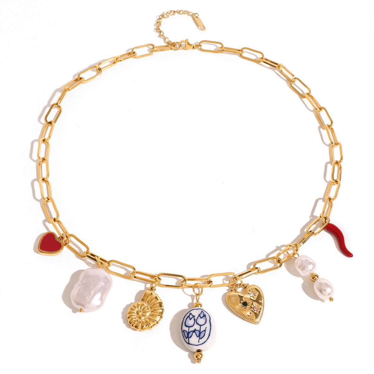 2H Stainless Steel Pearl Heart Conch Pendant Necklace Vacation Style Ocean Neck Jewelry Export Style Accessories for Women