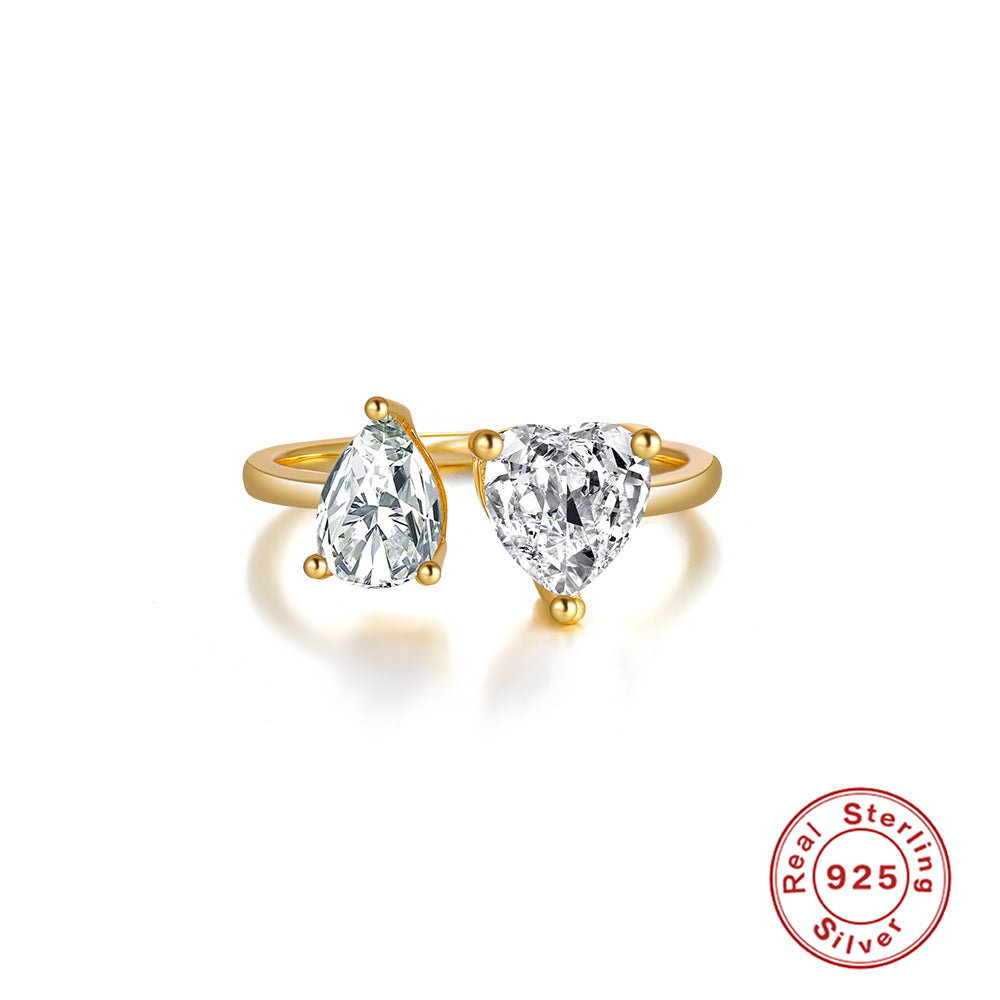 S925Sterling Silver Mini Water Drop Heart-Shaped Zircon Open Ring Hot-Selling Super Sparkling Diamond-Studded Index Finger Ring