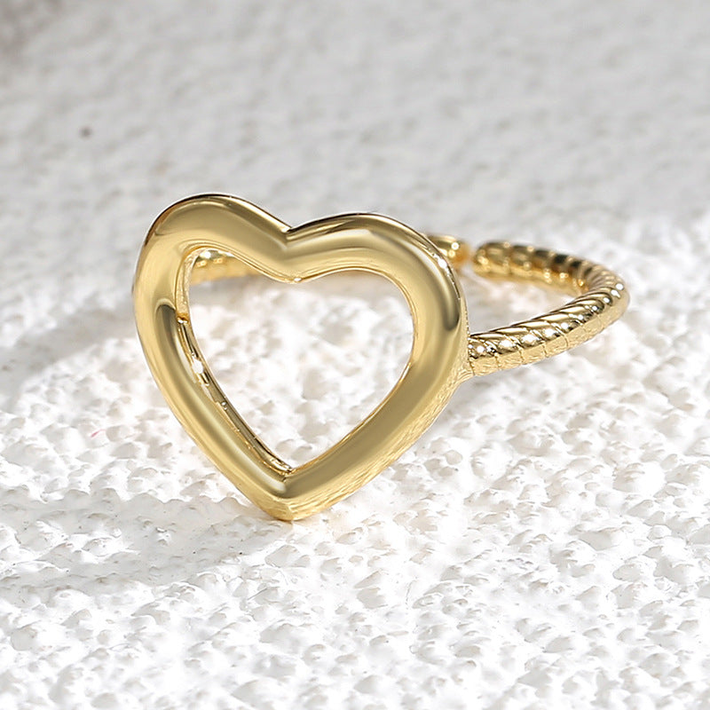 R0114 Simple Metal Heart Ring Vintage Hollow Heart Wave Pattern Open Design