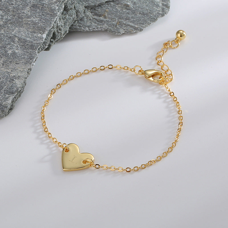 B0182  Korean Version Fashion Simple Heart-shaped Bracelet for Women gold Love Heart26Minimalist Letter Style