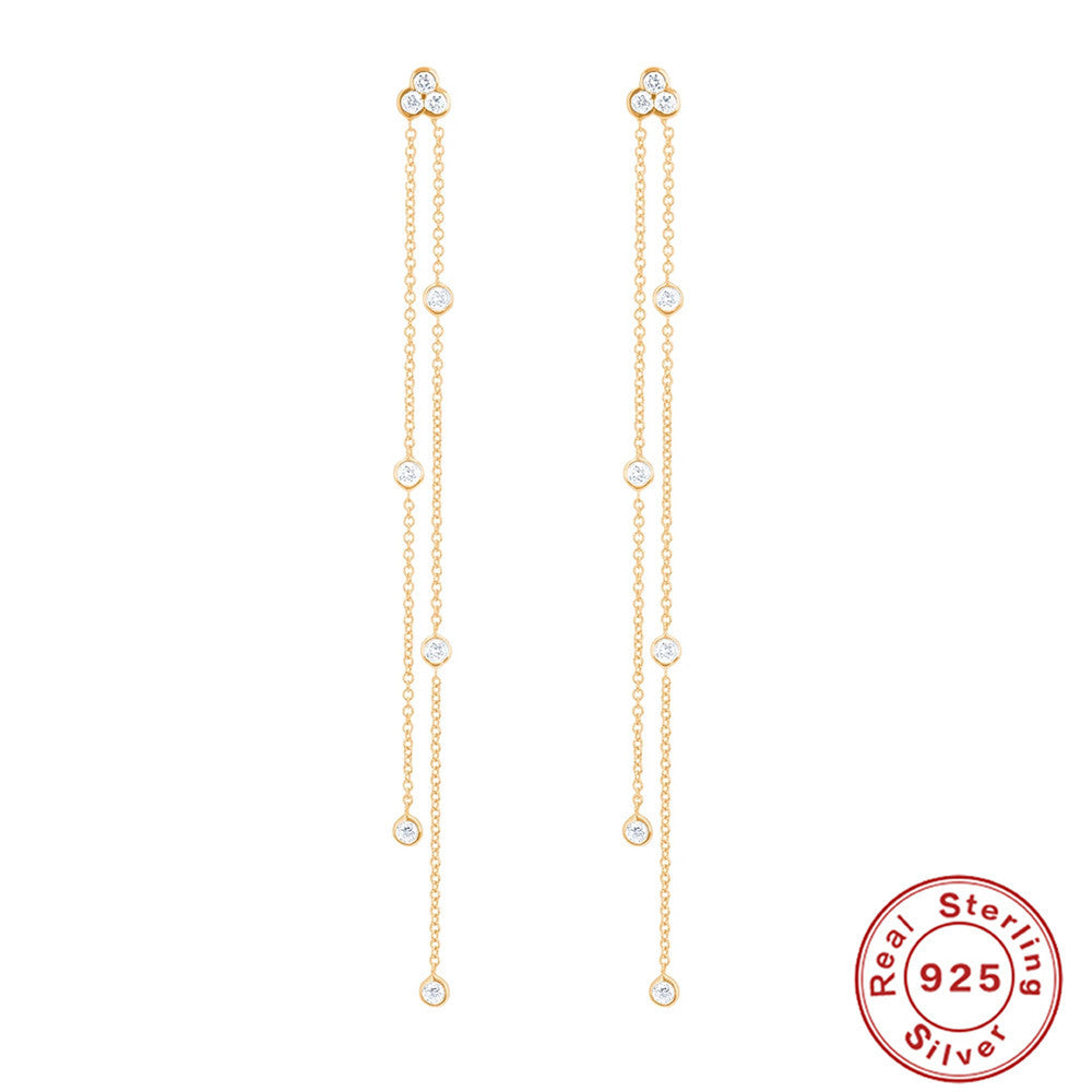 S925Sterling Silver Tassel Inlaid Diamond Mini Pentagram Ear Thread Earrings Korean and Japanese Style Women's Ear Jewelry