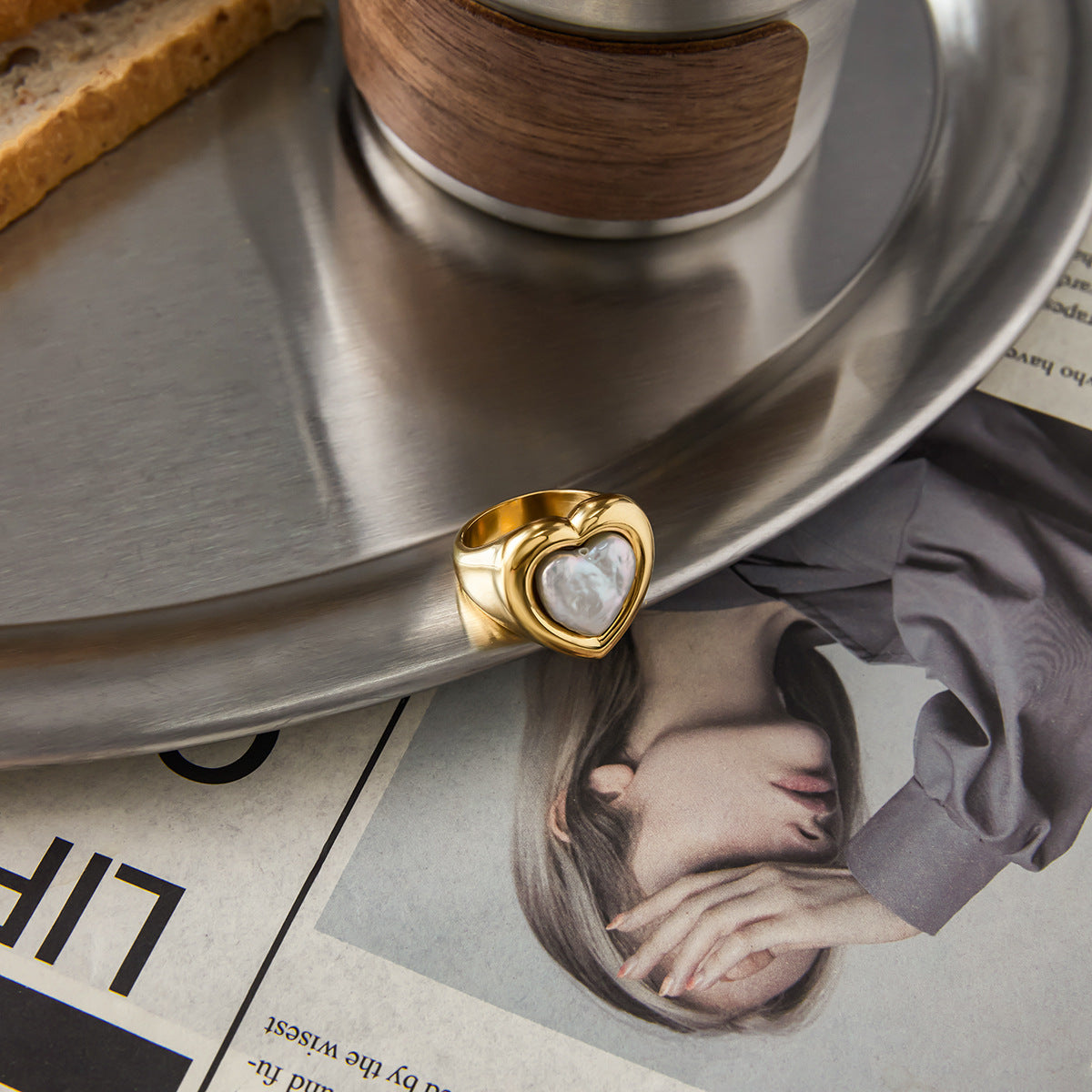 2H Heart-shaped Pearl Ring Jewelry18k Gold Stainless Steel Jewelry