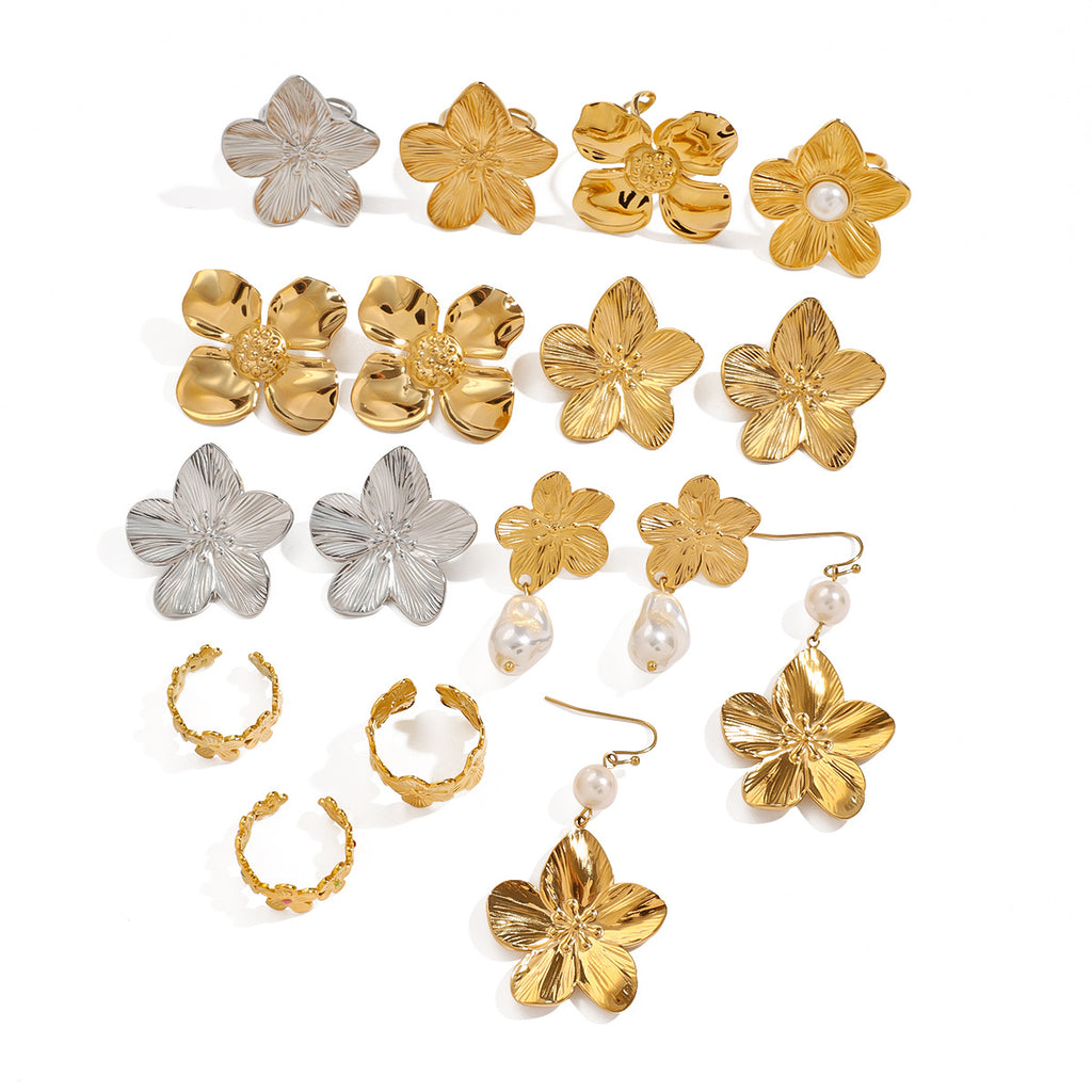 Stainless Steel Pearl Earrings Flower Studs Open Ring Jewelry