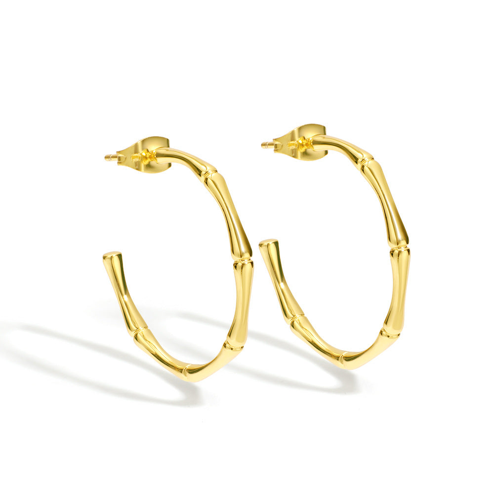 E0064Bamboo Section C Stylish Hoop Earrings Fashion Gold-Plated Ear Jewelry Hypoallergenic