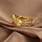 R0357 Fashionable Yellow Zircon Ring for Women, Brass Gold-Plated Simple Micro-Paved White Zircon Ring
