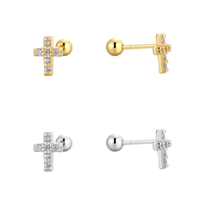 SE0217 925Silver Zircon Cross Design Stud Earrings Personality Ear Jewelry