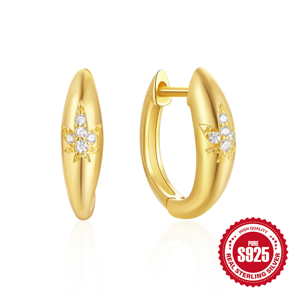 925Pure Silver Minimalist Leaf Geometric Inlaid Diamond Simple Hoop Earrings Hot-Selling High-End Earrings
