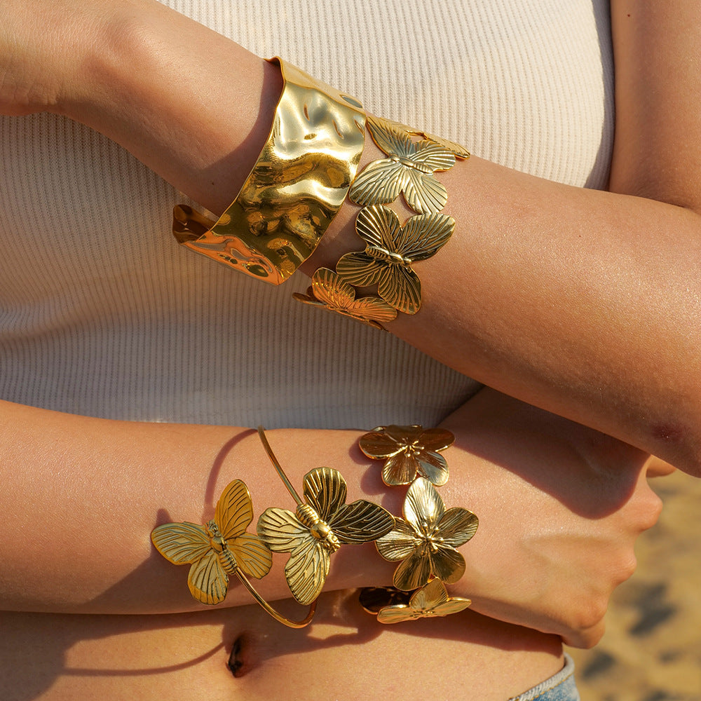 Stainless Steel Flower Necklace Zircon Earrings Pearl Ring Open Bracelet Jewelry