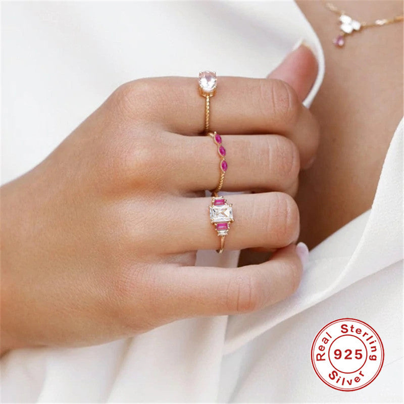 S925Sterling Silver Pink Marquise Twist Pattern Ring with Diamond Inlay, Step Shape Ring, Korean Style Index Finger Ring