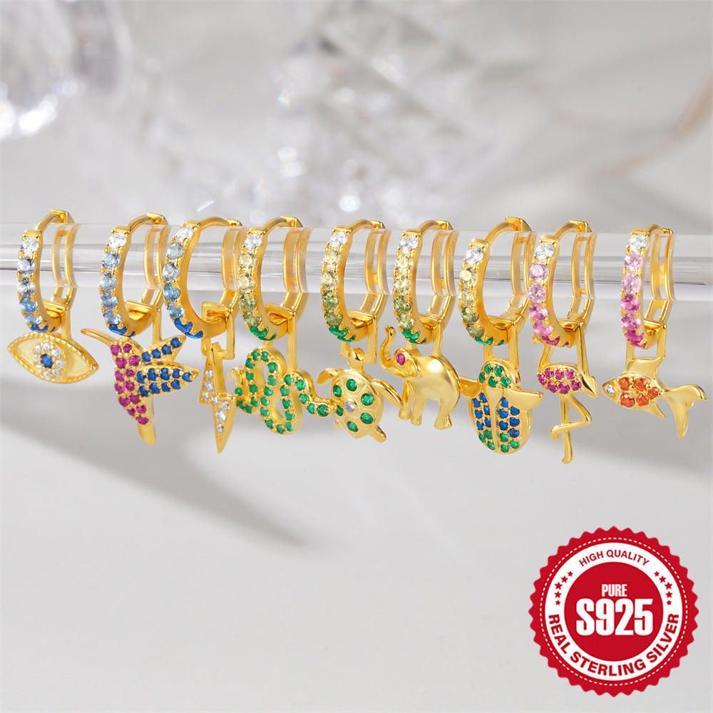 925Sterling Silver Inlaid Diamond Animal Goldfish Pendant Hoop Earrings Hot-Selling Heart Lightning Earrings for Women