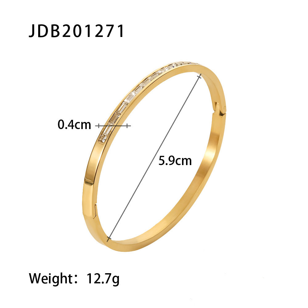 2H  Bracelet for Women, Versatile Fashion Stainless Steel18K Gold Inlaid White Square Zircon Bracelet