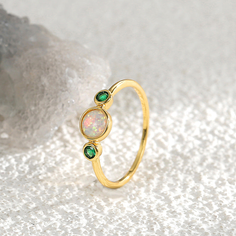 R0238 French Fashion Simple Green Zircon Joint Finger Ring for Women Iridescent Opal Ring
